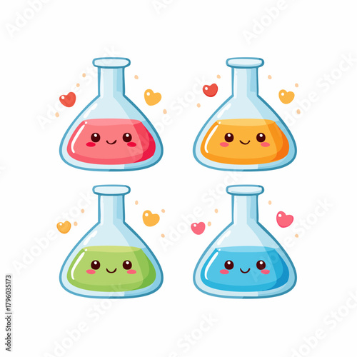 Cute Science Beakers with Smiling Faces and Hearts