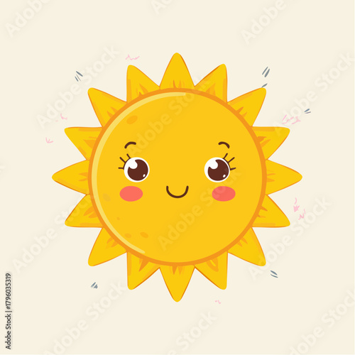 A cute and cheerful cartoon sun with rosy cheeks and sparkling rays radiating warmth and happiness