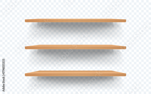 Shelf isolated. Wooden shelves on transparent background. Realistic wood racks for interior design, showcase or product display. Minimal 3d bookshelves for store or home. Vector illustration.