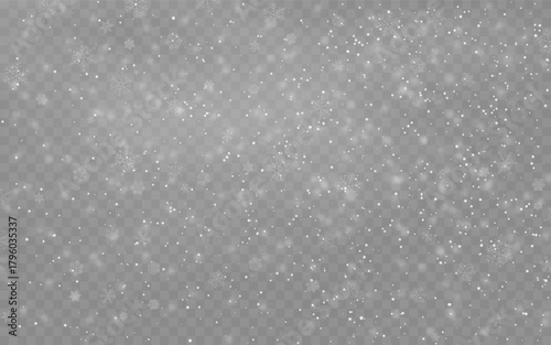 Snow background. Christmas snowfall texture. Realistic white dust with bokeh effect. Falling snowflakes for greeting card, invitation or poster. Winter landscape backdrop. Vector illustration.