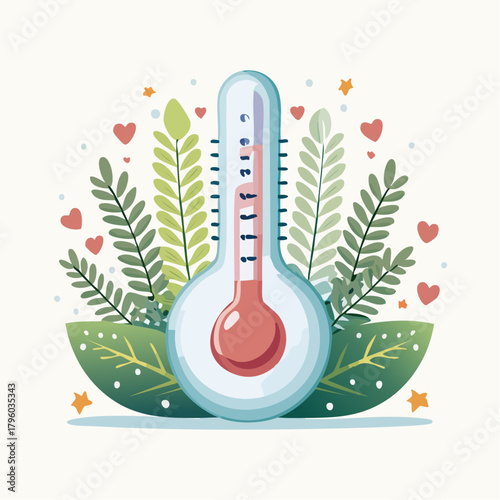 Illustration of a thermometer with surrounding leaves and hearts, symbolizing health, well-being, and nature's care
