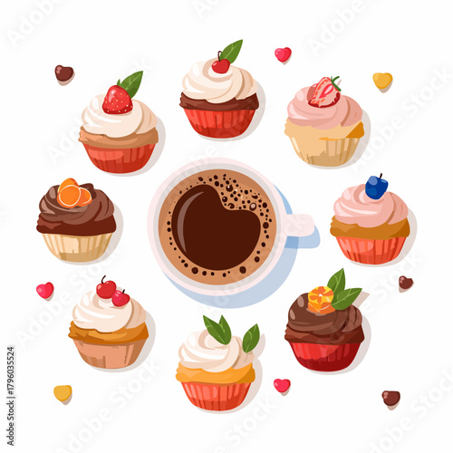 Delightful Arrangement of Colorful Gourmet Cupcakes Adorned with Fresh Fruit and Cream, Surrounding a Steaming Cup of Coffee for a Perfect Sweet Indulgence or Refreshing Break