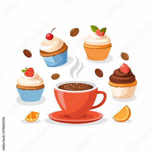Coffee break with cupcakes illustration featuring a cup of coffee, cupcakes and orange slices