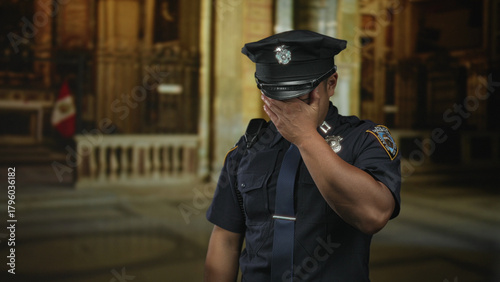Photos Young chinese policeman covers face with hand amid wooden pews in dimly lit church interior; sorrow