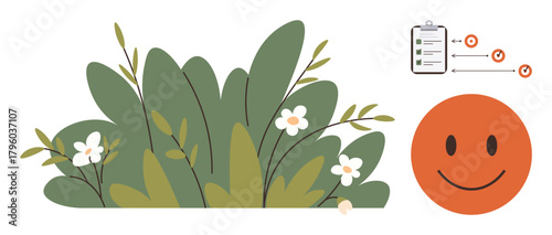 Green foliage and flowers paired with an orange happy face alongside a goal-tracking checklist. Ideal for wellness, personal growth, positivity, productivity, environmental awareness, mindfulness