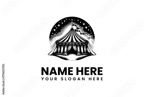 Circus tent vector logo illustration with starry night sky and customisable text elements for branding, marketing