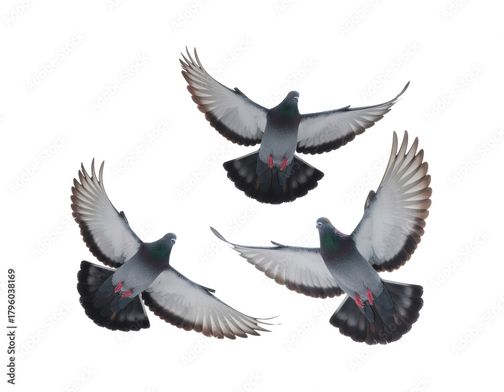 Fototapeta premium Three Pigeons in Flight Against Transparent Background Displaying Graceful Aerial Movement and Nature's Beauty