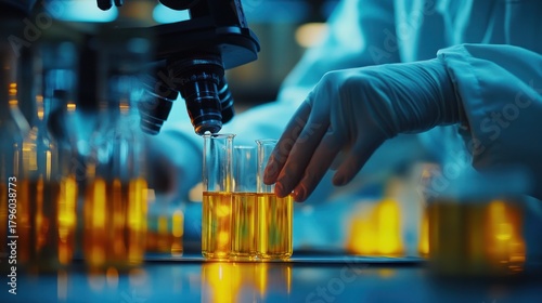 Scientist Analyzing Liquid Sample under Microscope in Lab