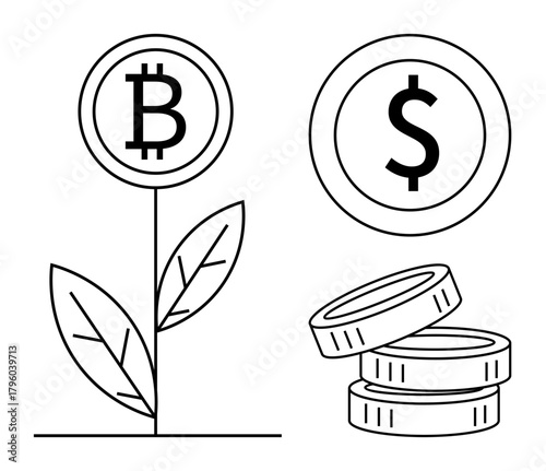 Bitcoin-themed plant symbolizing growth and innovation with stacked dollar coins representing wealth. Ideal for finance, investment, cryptocurrency, economy, savings, digital assets, fintech. Simple