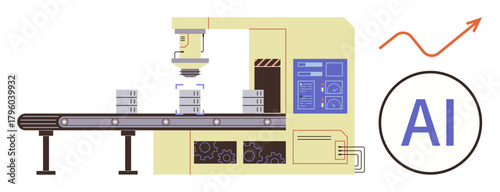 Automated machinery assembling stacks of goods on a conveyor belt, enhanced with AI elements and analytics display. Ideal for industry, automation, production, AI, efficiency, innovation, technology