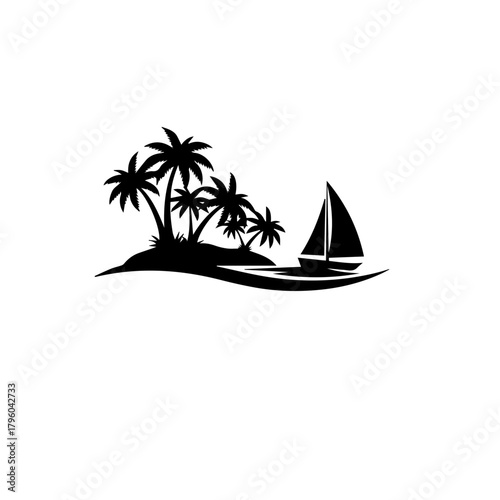 Tropical Island Sailboat Silhouette Vector Graphic