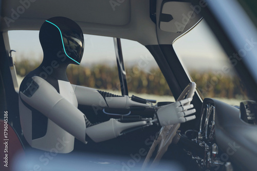 Futuristic humanoid robot in the driver's seat of a classic car, representing the future of AI and autonomous driving technology. Conceptual image of a sleek humanoid robot driving a vintage car.