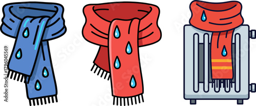 Colorful scarves drying with water droplets on a radiator heater  