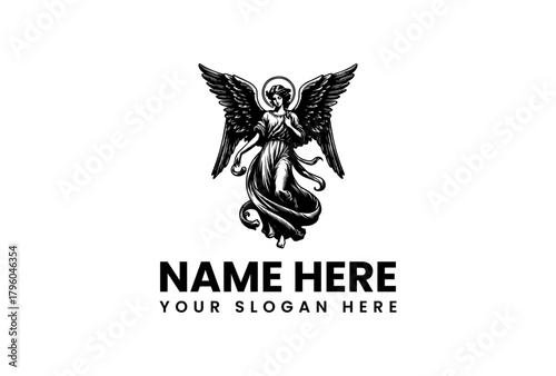 A beautiful guardian angel with a halo and spread wings in a classic vintage style, an isolated vector logo illustration