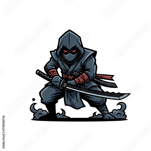 Pixel Art Ninja Warrior Crouching Holding Two Swords Ready for Battle With Intense Red Eyes and Dark Hooded Outfit on Black Background