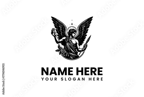 Elegant Winged Angel Figure Holding Torch and Sword Vector Logo Illustration, Representing Justice, Strength, and Divine Guidance for Premium Branding