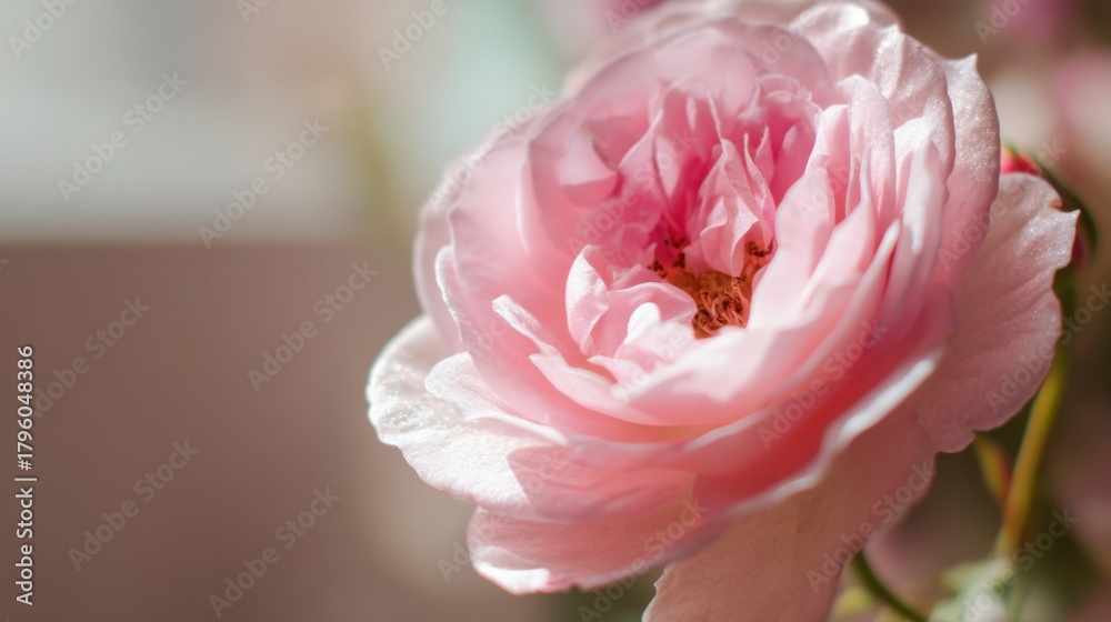 Obraz premium Delicate pink flower in soft sunlight creating a serene atmosphere with intricate petals and vibrant colors for nature and beauty themes