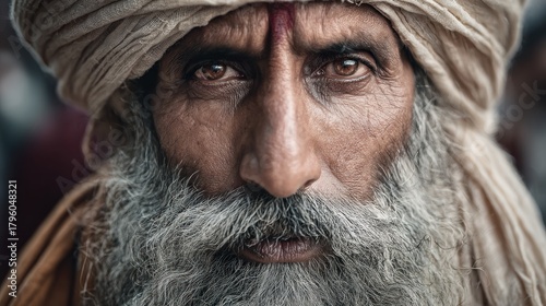 Intense portrait of a senior man with a beard and turban, revealing wisdom