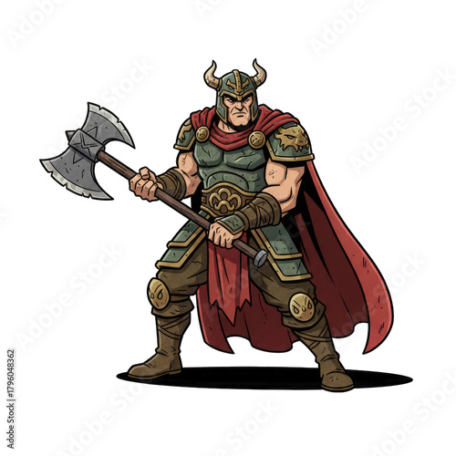 Pixel Art Viking Warrior With Axe And Red Cape In Dynamic Pose Ready For Battle
