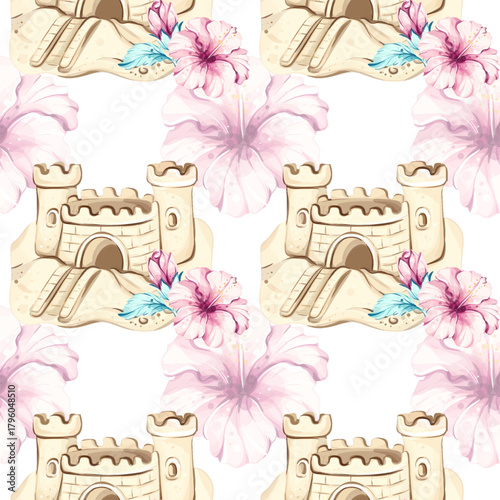 Summer beach vibes seamless pattern background wallpaper with sand castles, hibiscus flowers, and tropical elements for festive occasions and relaxation