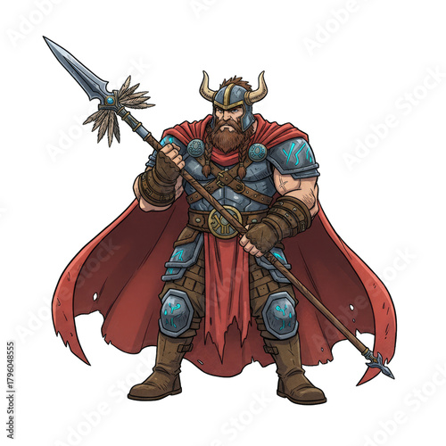 Pixel Art Viking Warrior With Horned Helmet and Spear Standing Against White Background Detailed Ancient Character Illustration Strong Highlights and Dramatic Lighting