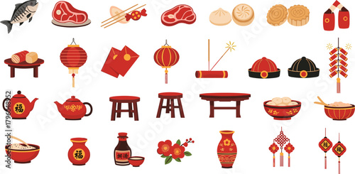 Chinese New Year food, decorations, dumplings, lanterns, red envelopes, firecrackers, teapot, mooncake, chopsticks, 福 symbol, traditional celebration icons