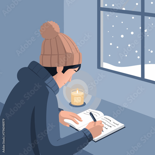Cozy person journaling by candlelight during a snowy winter evening indoors