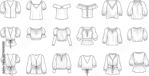 Blouse design collection, fashion sketch, line art tops, puff sleeves, V-neck, ruffle blouse, garment illustration, clothing template, silhouette