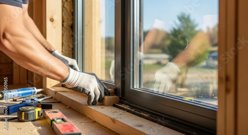 Instalación de ventana moderna en casa nueva, manos trabajando en el marco, póster profesional.