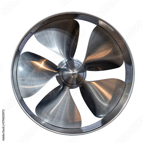 Polished Metal Ship Propeller with Five Blades Isolated on Black Background Featuring Reflective Surface and Industrial Design