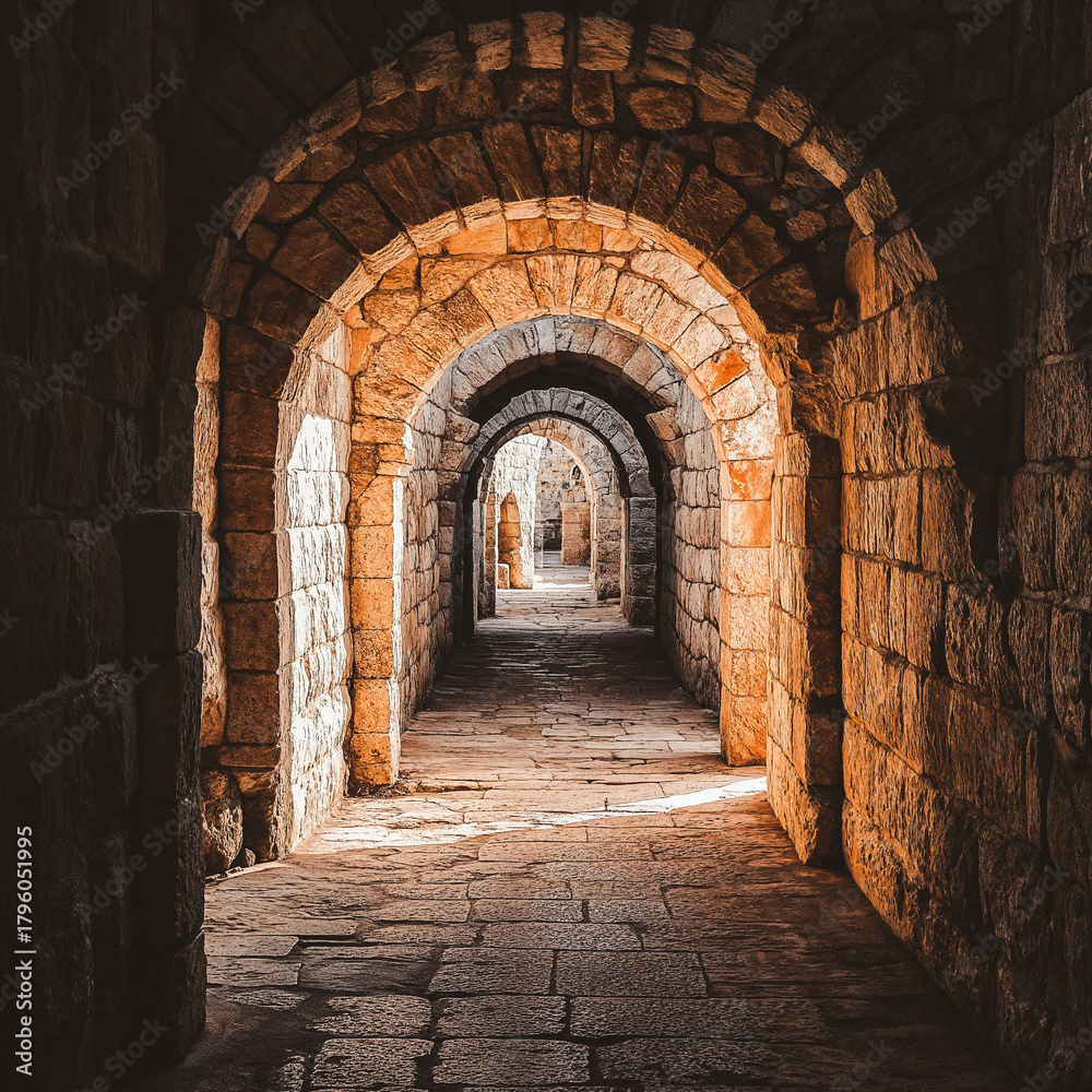 Fototapeta premium Historic stone corridor with repeating arches illuminated by warm light inside an ancient structure