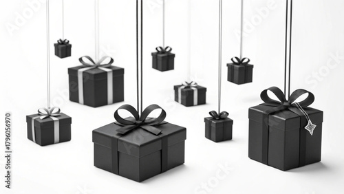 Multiple matte black gift boxes of various sizes, tied with black ribbons, are suspended by strings against a bright, minimalist white background, creating an elegant, dramatic composition.