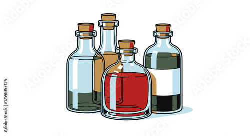 Artistic vector illustration of four glass bottles with natural cork stoppers, each containing a different colored liquid, perfect for various design concepts