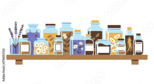Herbal remedies and organic wellness ingredients in glass jars on a wooden shelf, depicting a traditional apothecary for holistic health and natural living practices