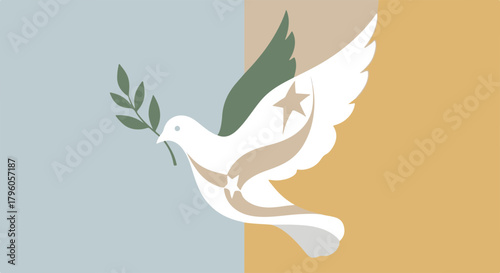 Elegant digital art of a serene white dove holding an olive branch, symbolizing global peace, hope, and tranquil coexistence across a split background