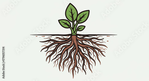 Vibrant illustration of a young green plant with robust roots deep in the soil, symbolizing growth, new beginnings, and sustainable life