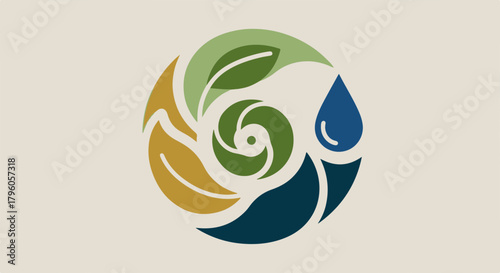 Circular emblem featuring intertwined leaves and a water droplet, illustrating nature's cycle, environmental sustainability, and ecological harmony