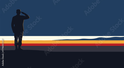 Graphic silhouette of a uniformed figure saluting a patriotic striped banner, a powerful visual symbolizing honor, duty, and national remembrance