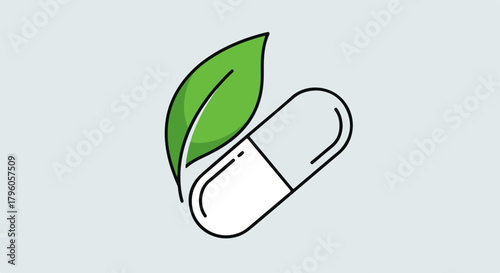 Minimalist graphic of a health capsule paired with a green leaf, symbolizing natural supplements, herbal medicine, and eco-friendly wellness solutions