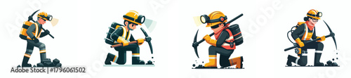 A coal miner working underground with a pickaxe and helmet lamp, wearing safety gear, flat design, simple and minimalistic style, white background, clean vector illustration.