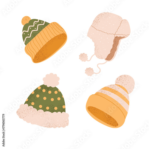 Set of cute winter hats. Knitted beanies and warm fur hat with pom poms. Cozy seasonal headwear for cold weather. Flat vector illustration isolated on white background.