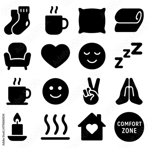 Comfort Zone Iconography: A collection of simple, stylized icons symbolizing comfort, relaxation, and serenity, ideal for design elements related to cozy settings.