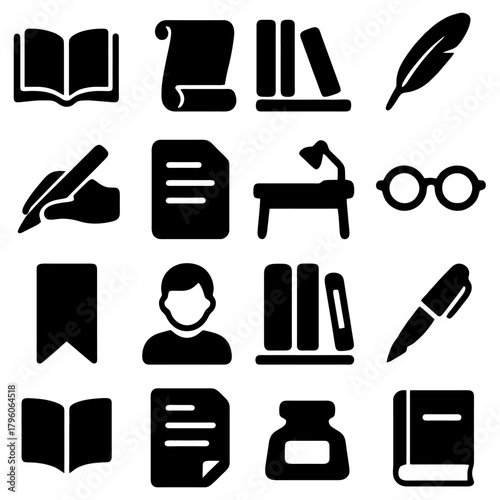 Literary Iconography: An array of artistic elements encapsulates the essence of literary pursuits, depicting the tools and symbols associated with the written word.