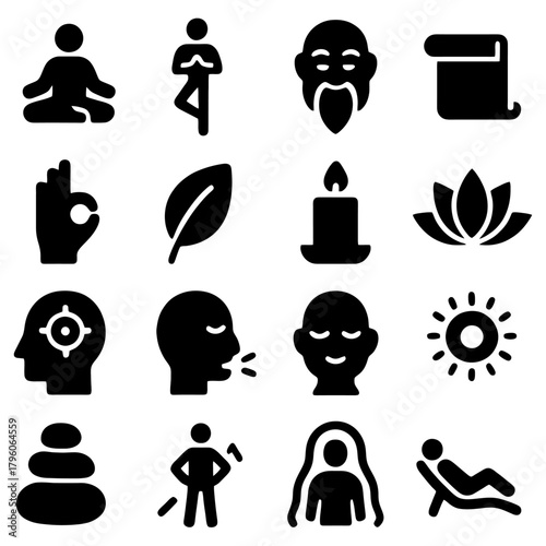 Harmony Icons: A collection of serene illustrations encapsulating the essence of mindfulness, meditation, and well-being. Reflecting inner peace and spiritual practices.