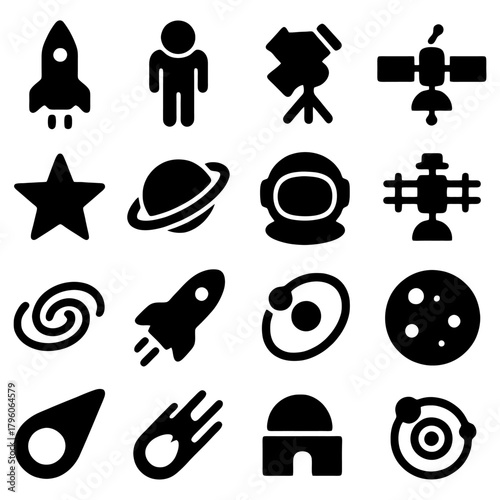 Celestial Icons: A compilation of sleek, black icons depicting various cosmic elements, creating a visual symphony of the universe
