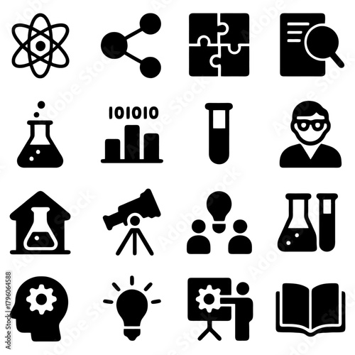 Science and Discovery Icons: A compilation of intricate science and discovery icons, symbolizing the wonders of knowledge and invention. Exploring the intricacies of scientific research and discovery.
