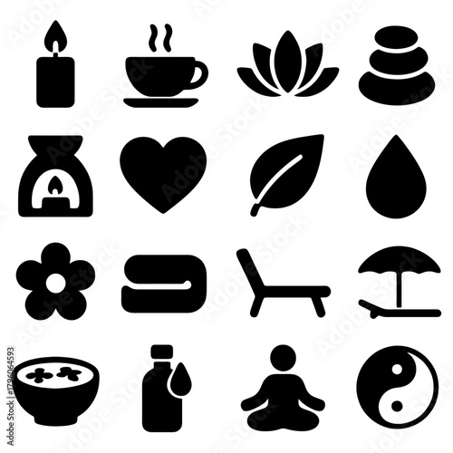 Serene Spa Essentials: A collection of icons representing the elements of a spa experience, creating a sense of tranquility, relaxation, and wellness. 