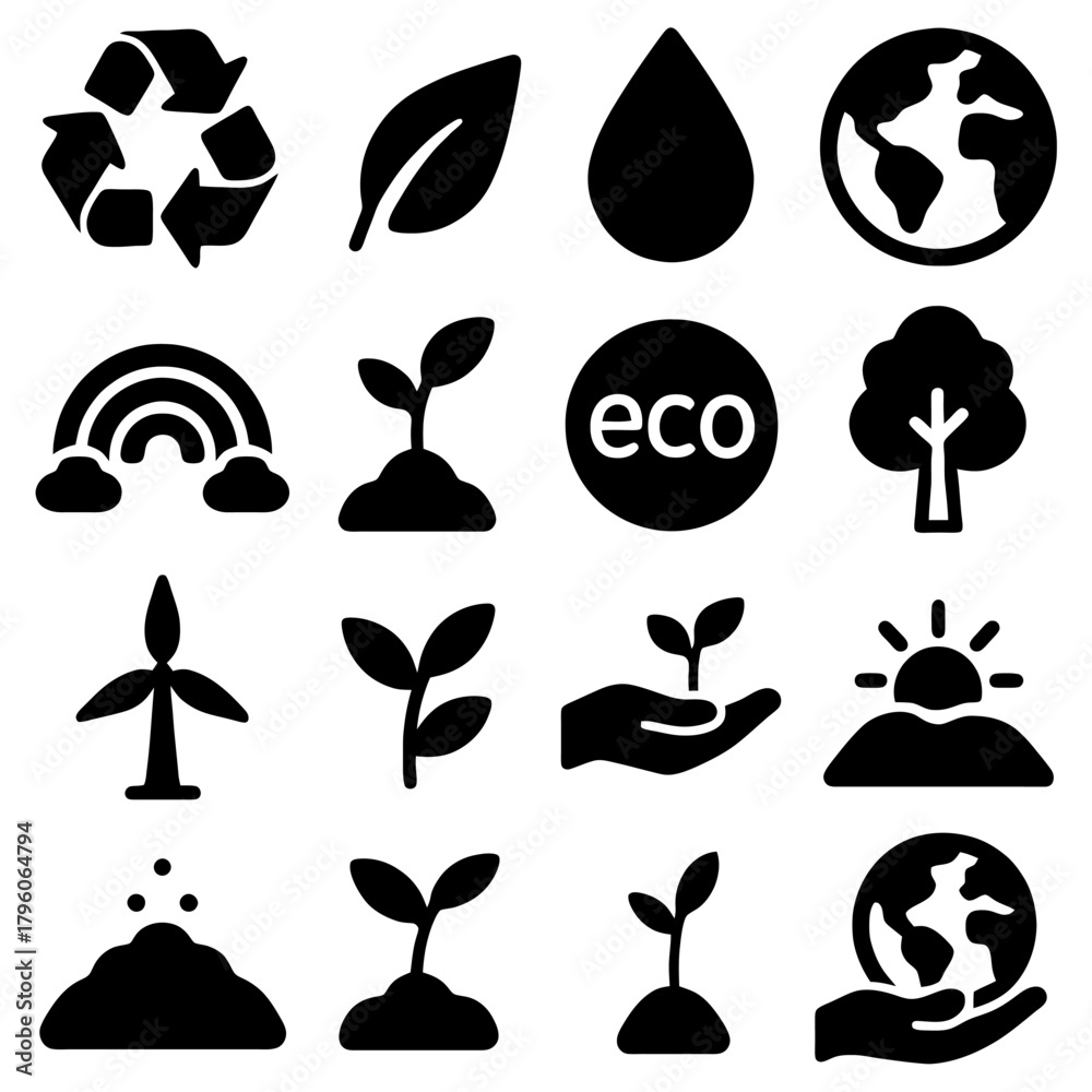 Naklejka premium Eco-Friendly Icons Set: a comprehensive set of meticulously crafted, minimalistic environmental symbols, embodying concepts of sustainability, conservation, and ecological harmony.