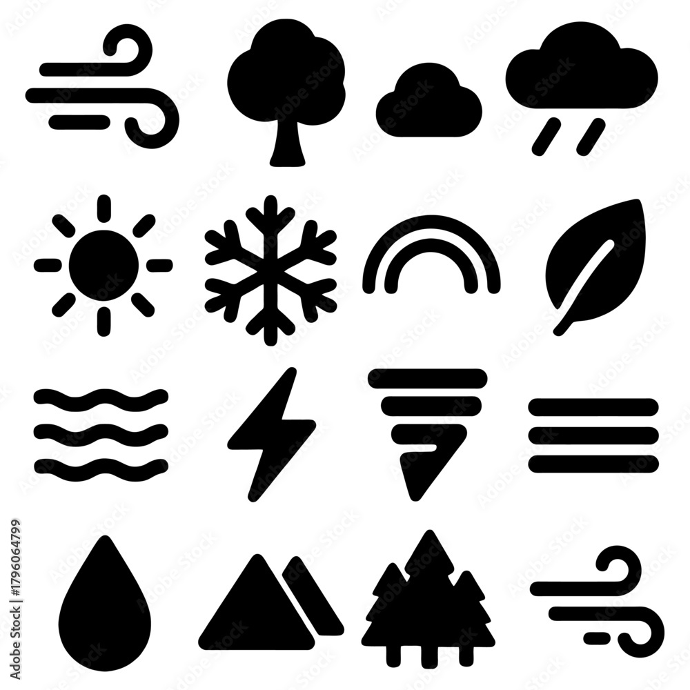 Naklejka premium Elemental Harmony: An eye-catching collection of minimalistic icons representing the essence of nature's elements, capturing the beauty of natural world.