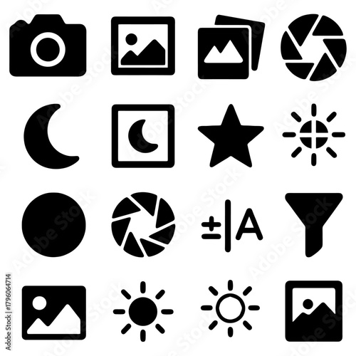 Camera and photography Icons: A set of simple yet eye-catching icons related to camera and photography, representing various photographic concepts and settings.